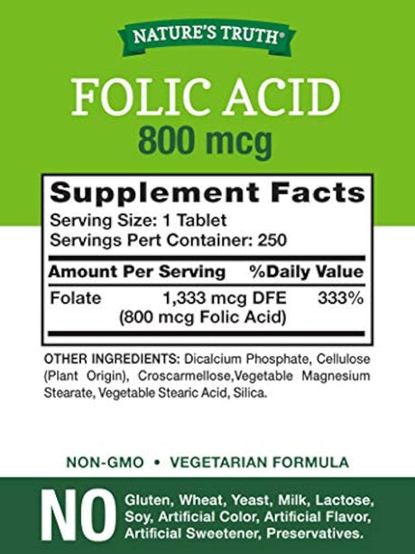 Ácido fólico Nature's Truth 800 mcg | 250 tabletas | Vegetariano, sin OMG y sin gluten