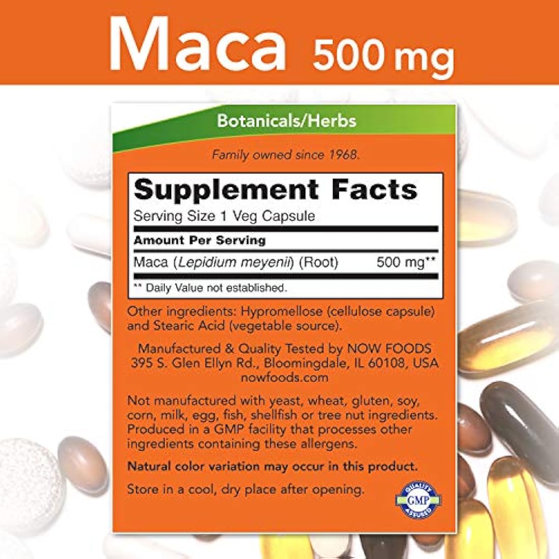 Maca 500 mg, para hombres y mujeres  250 cápsulas vegetales