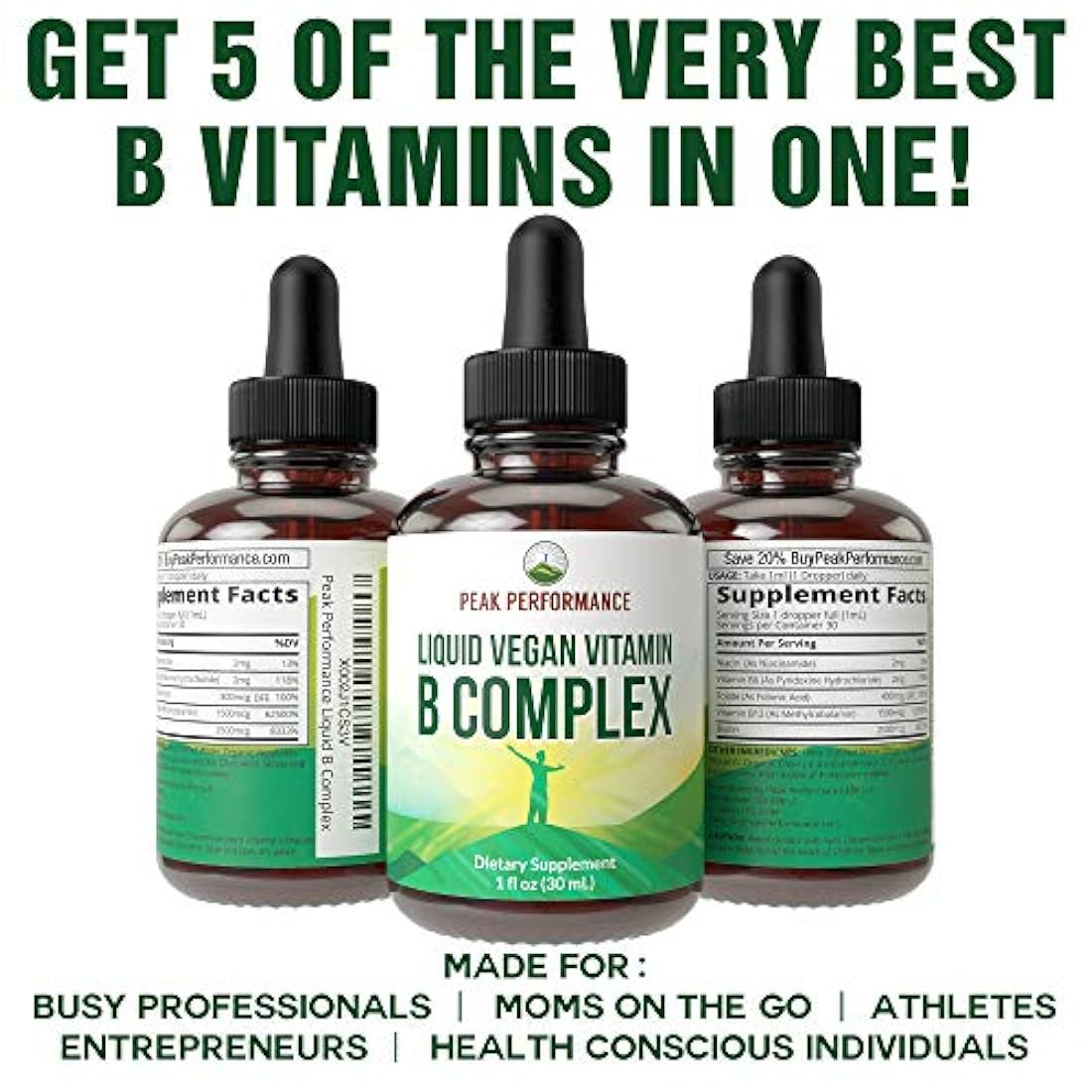 B Complex Liquid Drops suplemento vegano. Mejores vitaminas 5 B con B3 niacina, B6, B7 biotina, B9 folato, metilcobalamina B12. B-Complex para cabello, uñas de la piel, energía, alivio del estrés. Para adultos, hombres, mujeres.