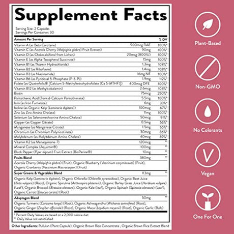 Multivitamínico para las mujeres Suplemento diario - con vitaminas de alimentos integrales, a base de plantas, frutas y verduras orgánicas. Vitamina A, complejo B, C, D3, E, K2 pimienta negra. Vegano y sin OMG - 60 cápsulas.