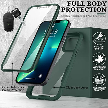 FUNMIKO Funda para iPhone 13 Pro Max, funda transparente con protector de pantalla integrado sensible al tacto, paso de grado militar de 21 pies, funda protectora delgada para iPhone 13 Pro Max de 6.7 pulgadas, color verde pino
