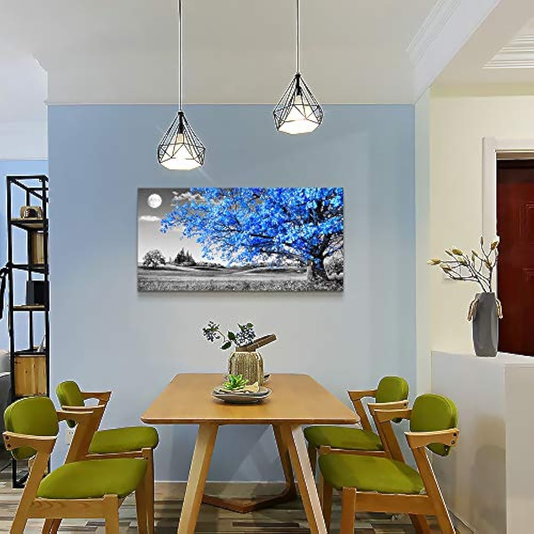 Arte de pared para sala de estar simple vida azul árbol luna