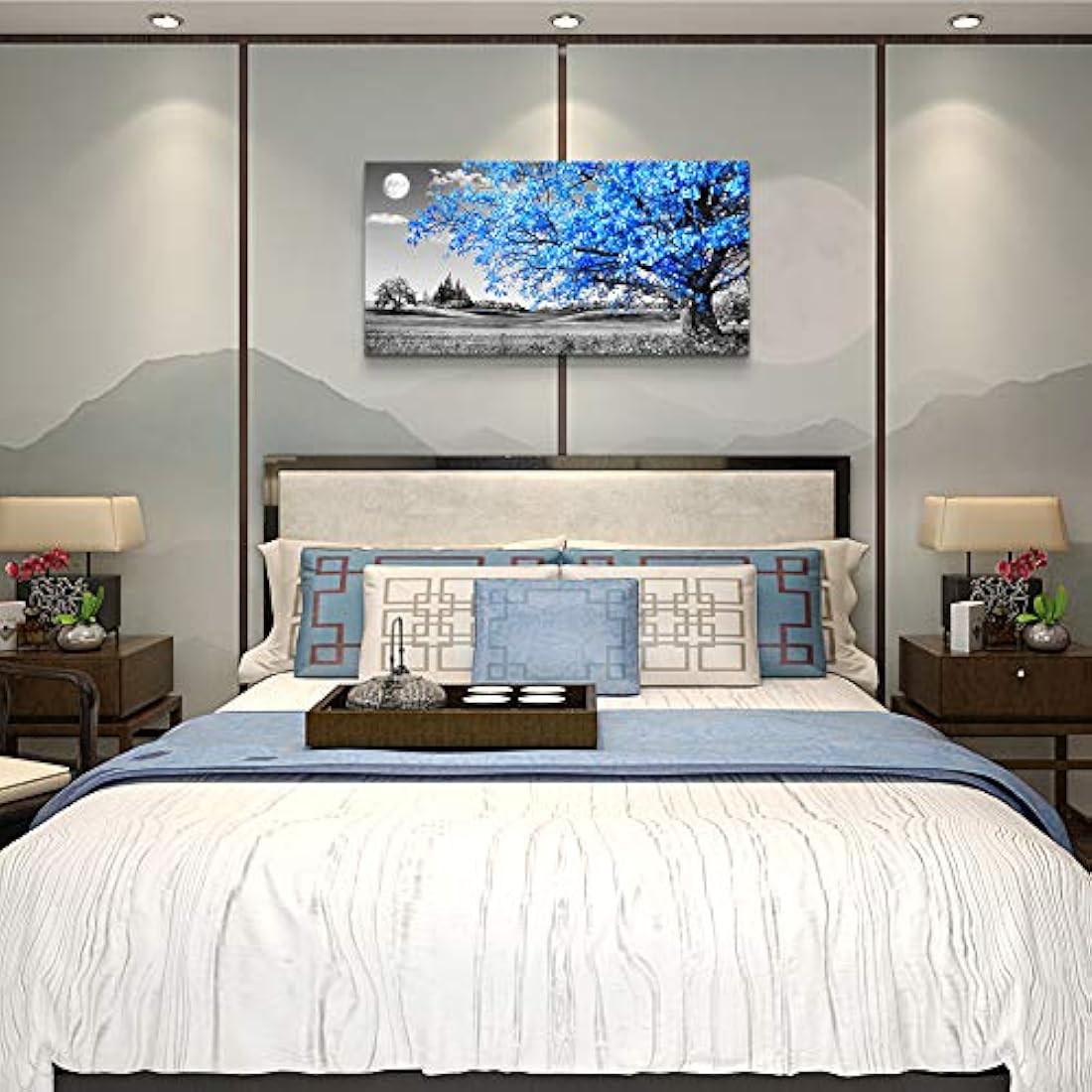 Arte de pared para sala de estar simple vida azul árbol luna