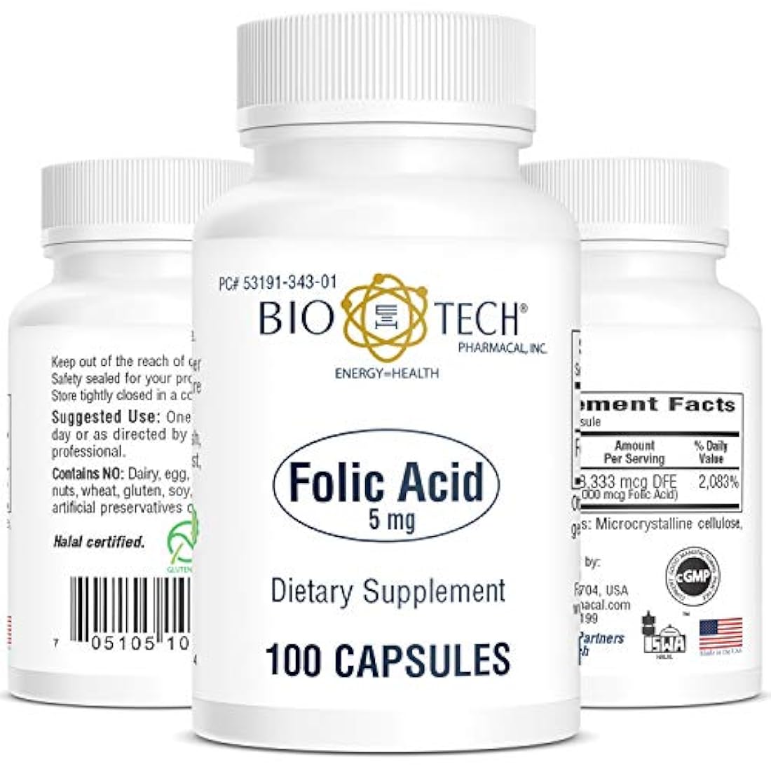 Ácido fólico farmacal Bio-Tech (5 mg, 100 unidades)