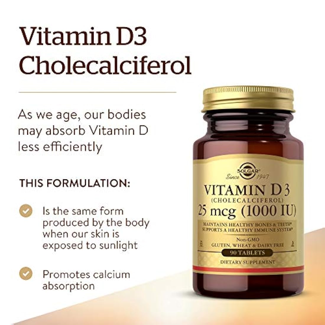 Solgar Vitamina D3 (Cholecalciferol) 25 mcg (1000 UI) tabletas – 90 unidades