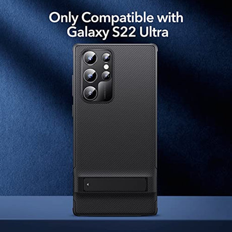 ESR Funda de metal con función atril compatible con Samsung Galaxy S22 Ultra (6.8 pulgadas) (2022), soporte patentado versátil, cubierta trasera delgada y flexible, color negro