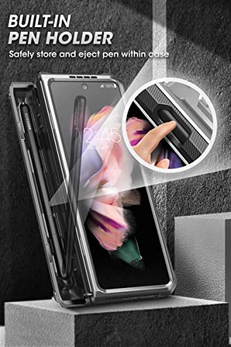 Funda para Samsung Galaxy Z Fold 3 5G (2021), carcasa robusta de doble capa con protector de pantalla integrado y soporte y ranura para bolígrafo S (plata)