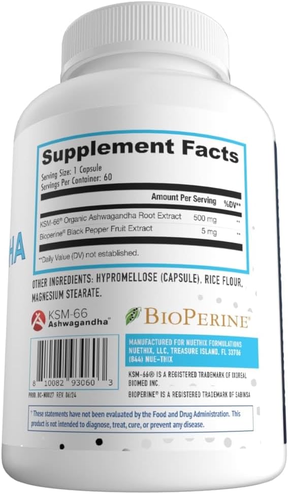 Suplemento de Ashwagandha KSM 66, NuEthix, 500mg, 60 Serv.