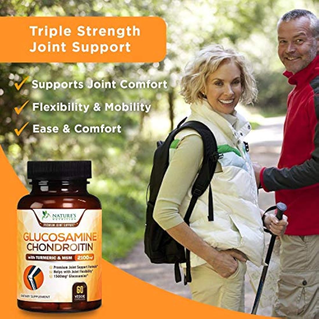 Glucosamina con suplemento de condroitina cúrcuma MSM, triple fuerza estandarizada 1500 mg con boswellia y bromelina, fabricado en Estados Unidos, para un apoyo y comodidad saludables en las articulaciones, 60 cápsulas