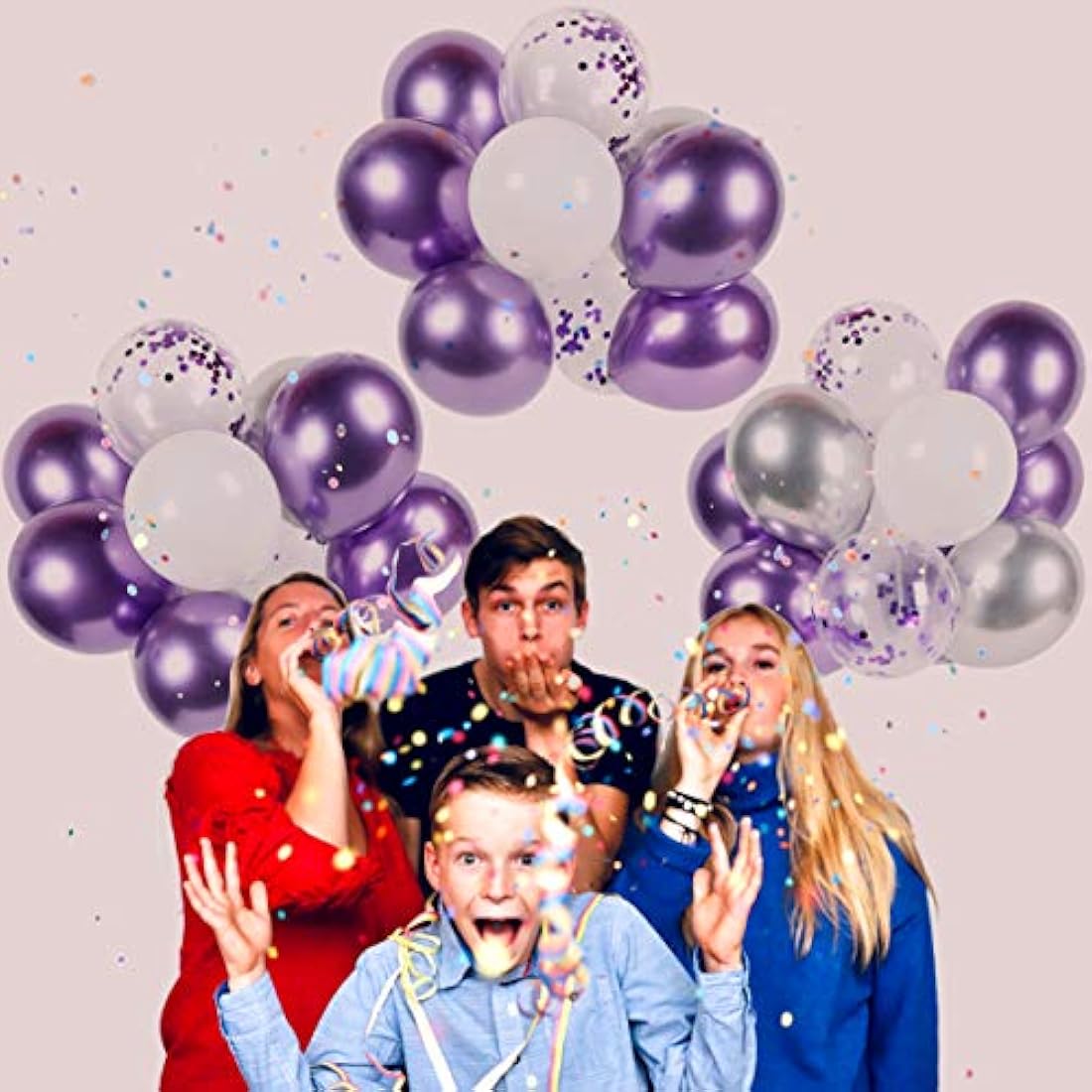Globos de confeti color metal púrpura y plata