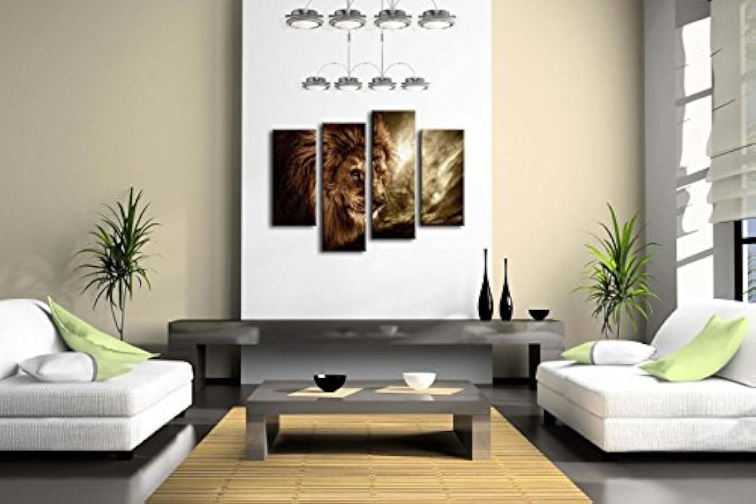 Cuadro de 4 paneles para pared con diseño de león feroz l hogar, pieza de regalo (estirado por marco de madera, listo para colgar)