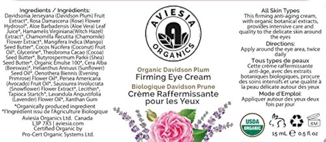 aviesia Organics Reafirmante Crema de ojos Certificado 100%