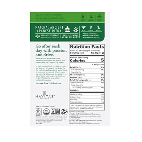 Navitas Organics Matcha Polvo de 3 onzas, bolsa de grado