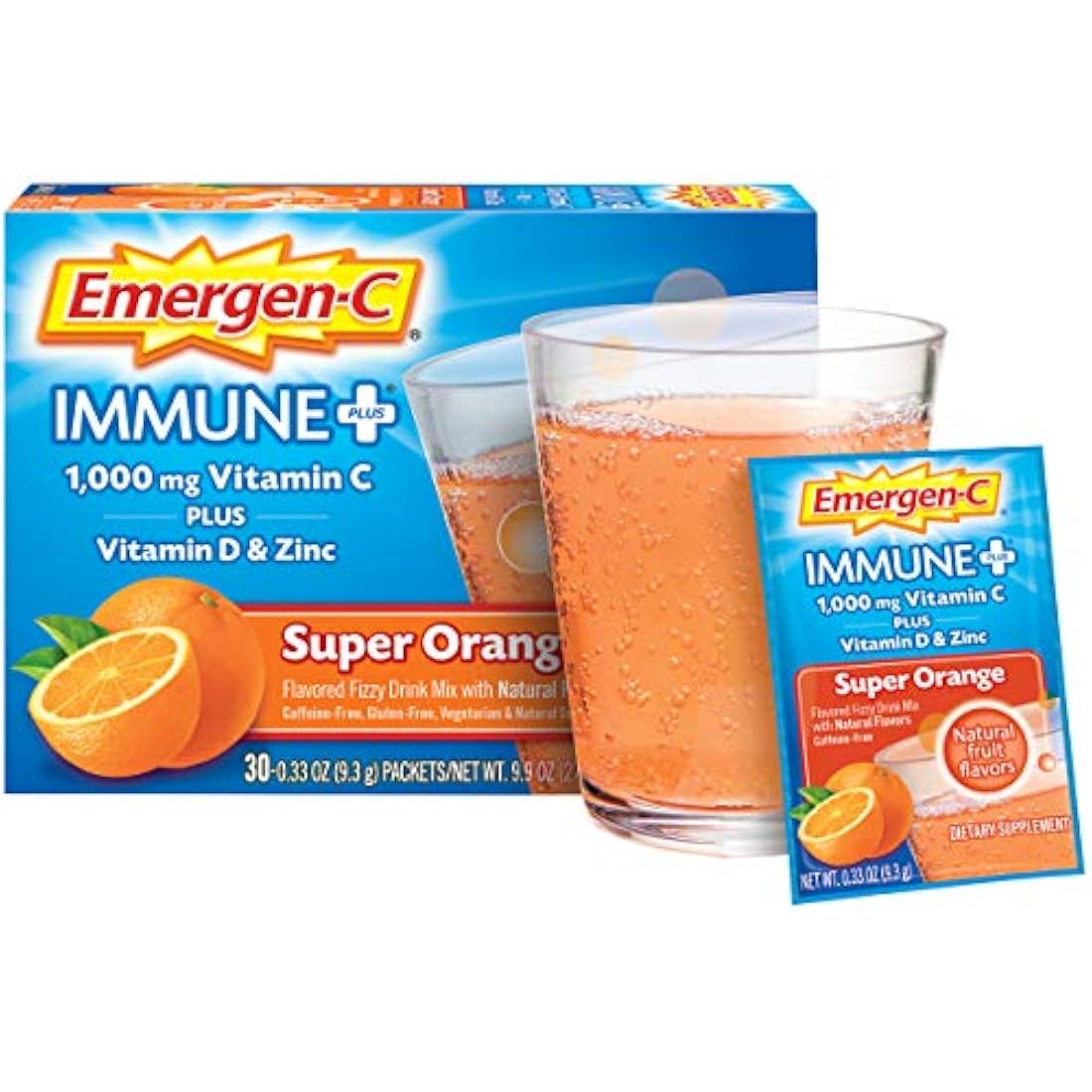 Sistema de apoyo inmunológico Emergen-C, suplemento dietario, bebida con vitamina D, 1000 mg de vitamina C, paquetes de 0.33 onzas (sabor naranja, 30 unidades)