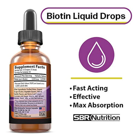 Máxima absorción Gotas líquidas de Biotina, 5000mcg de Biotina por porción, 60 porciones, Sin Conservantes Artificiales, Respetuoso con el Vegano, Apoya el Crecimiento Saludable del Cabello, Uñas Fuertes y Piel Brillante, Hecho en los EE.UU.