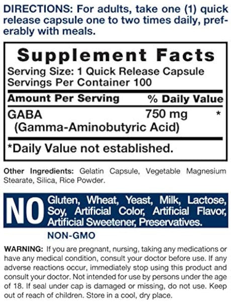 Horbaach GABA 750mg 100 Cápsulas Sin OGM, Sin Gluten