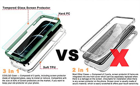 COOLQO - Funda transparente de silicona de cuerpo completo 360º a prueba de golpes, compatible con iPhone 12 / iPhone 12 Pro de 6.1 pulgadas [con 2 protectores de pantalla de vidrio templado], verde