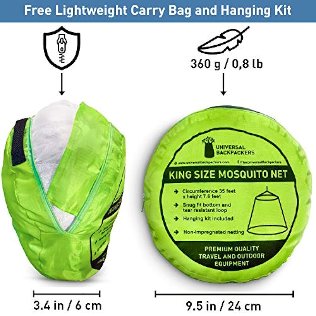 Mosquitera universal para mochileros, para camas individuales a King-Sized - 2 aberturas o toldo de cama totalmente cerrado - Diseño cónico para decoración o viaje - Bolsa gratis y kit de colgar para una fácil instalación