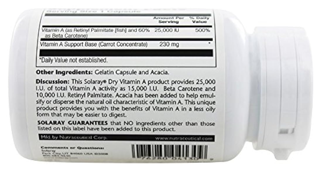 Solaray - Vitamina A 25,000 UI | Piel y ojos saludables, actividad antioxidante y sistema inmunológico | 60 VegCaps