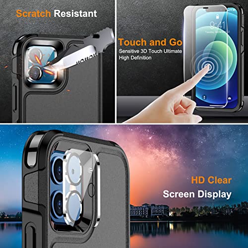 Funda resistente a prueba de golpes para iPhone 12/12 Pro, con [2 protectores de pantalla de vidrio + 2 protectores de lente de cámara, a prueba de polvo] [a prueba de caídas] [resistente y resistente protección de cuerpo completo] - Negro