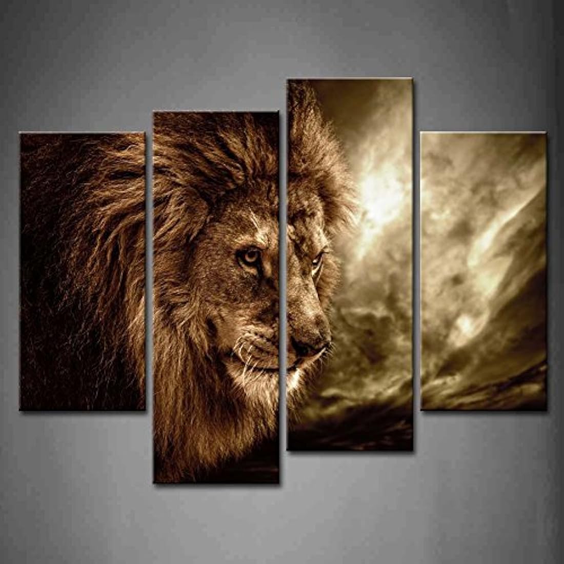Cuadro de 4 paneles para pared con diseño de león feroz l hogar, pieza de regalo (estirado por marco de madera, listo para colgar)