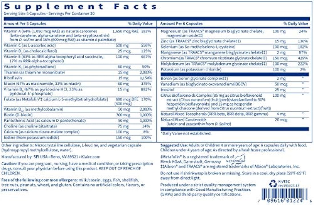 Klaire Labs Vitaspectrum Cápsulas, 180 cápsulas vegetarianas, Paquete de 1, 1