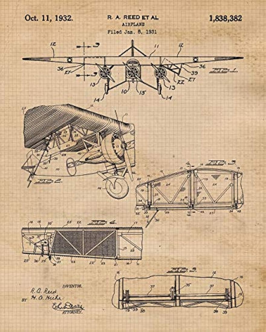 Impresiones de carteles de patente de avión vintage, (8x10)