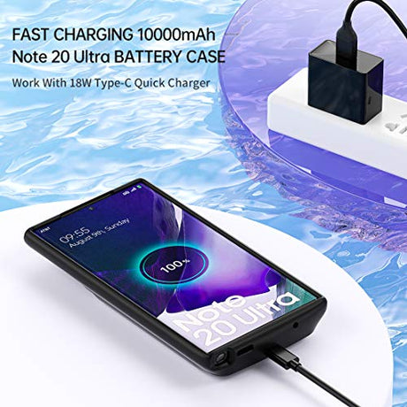 NEWDERY Funda para Galaxy Note 20 Ultra con batería de 10000 mAh, carga rápida y Qi inalámbrica y Android Auto y compatible con Samsung Dex, funda de cargador de respaldo extendida para Galaxy Note 20 Ultra 5G (6.9 pulgadas)