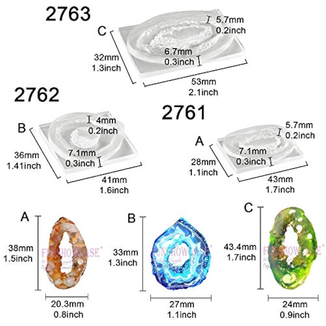 Moldes de silicona de resina epoxi de ágata Crystal Geode, 3 unidades, altura de 3,3 a 1.7 in