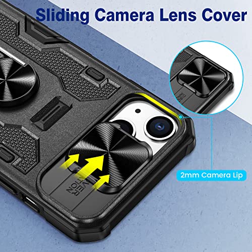 VEGO Funda para iPhone 13 con soporte, cubierta de cámara deslizante y soporte magnético de 360° y clip para cinturón, funda de grado militar, protección resistente a prueba de golpes para iPhone 13, color negro medianoche