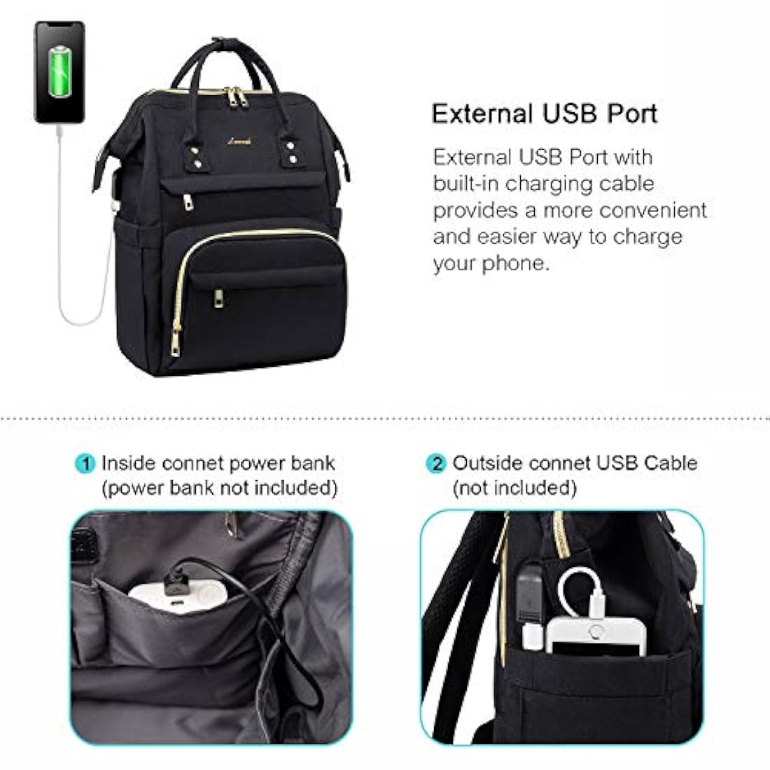 Morral para computadora portátil con puerto USB, Negro,LOOK