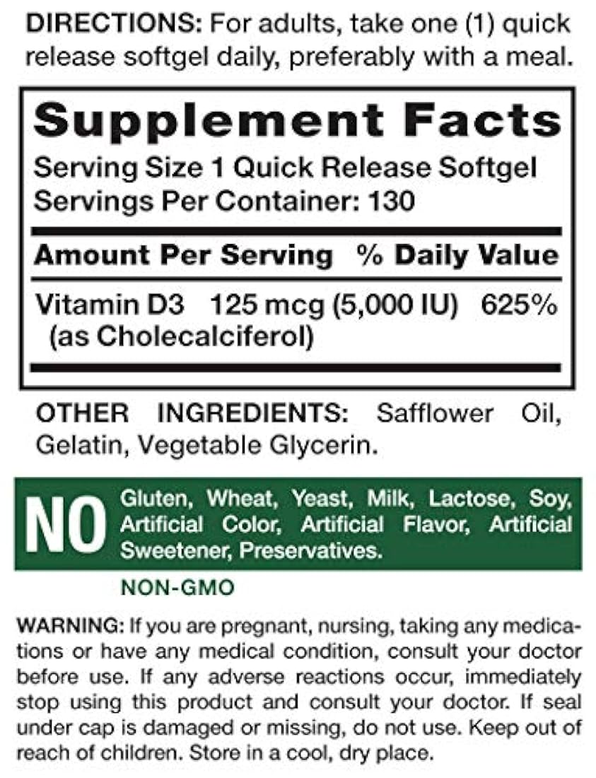 Nature's Truth Vitamin D3 5000 IU Softgels 130 Count | High Potency Vitamin D | Non-GMO, Gluten Free