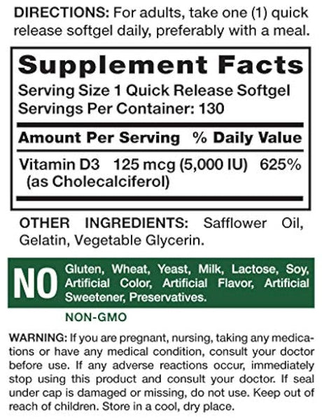 Nature's Truth Vitamin D3 5000 IU Softgels 130 Count | High Potency Vitamin D | Non-GMO, Gluten Free