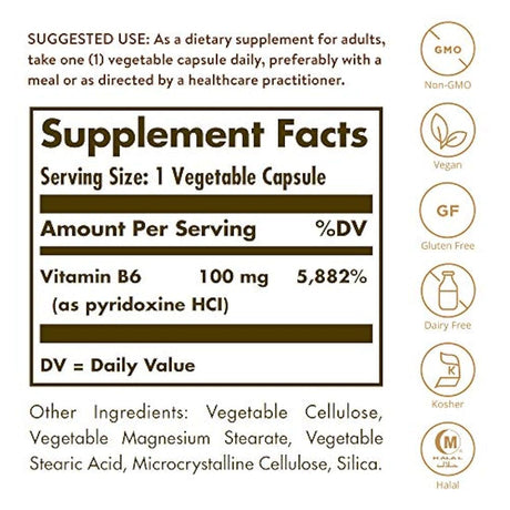 Solgar Vitamina B6 Vegetable Capsules, 100 mg, 100 Count