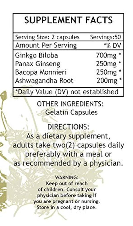 Suplemento cerebral 1400 mg por porción Relleno de Ginkgo