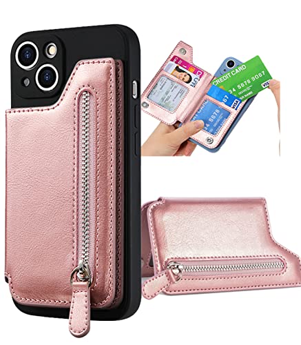 TopFunny Cartera adhesiva para funda de teléfono, tarjetero adhesivo para la parte posterior de las fundas de teléfono, cuero con cremallera, bolsillo compatible con iPhone, Samsung Galaxy la mayoría de los smartphones, oro rosa