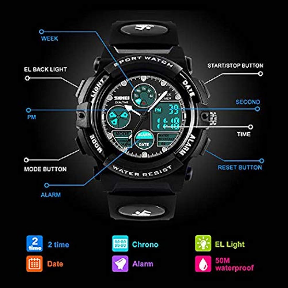 Kid Watch 50M Sport Sport LED Alarm Stopwatch Digital