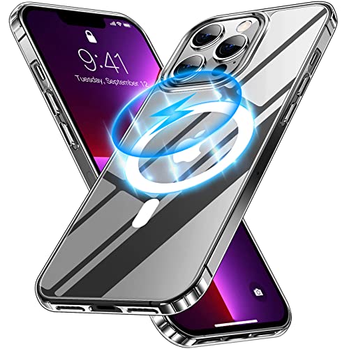 JUSTCOOL Funda magnética para iPhone 13 Pro, [no amarillea] [Protección contra caídas de grado militar] Funda delgada delgada y transparente para iPhone 13 Pro de 6.1 pulgadas (transparente magnética)