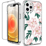 GiiKa Funda para iPhone 12 Pro Max con protector de pantalla, transparente de cuerpo completo a prueba de golpes de protección floral para niñas y mujeres con carcasa rígida de TPU para iPhone 12 Pro Max, flores rosas