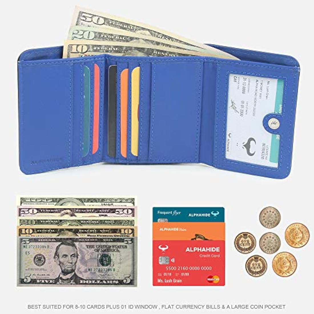 Billetera de piel para mujer color negro y azul. AlphaHide