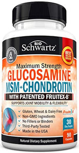Glucosamina condroitina MSM cúrcuma para alivio del dolor de cadera, articulación y espalda. Suplemento antiinflamatorio con ácido hialurónico, colágeno, boswellia, bromelina y fruitex-B. Sin gluten ni OMG.