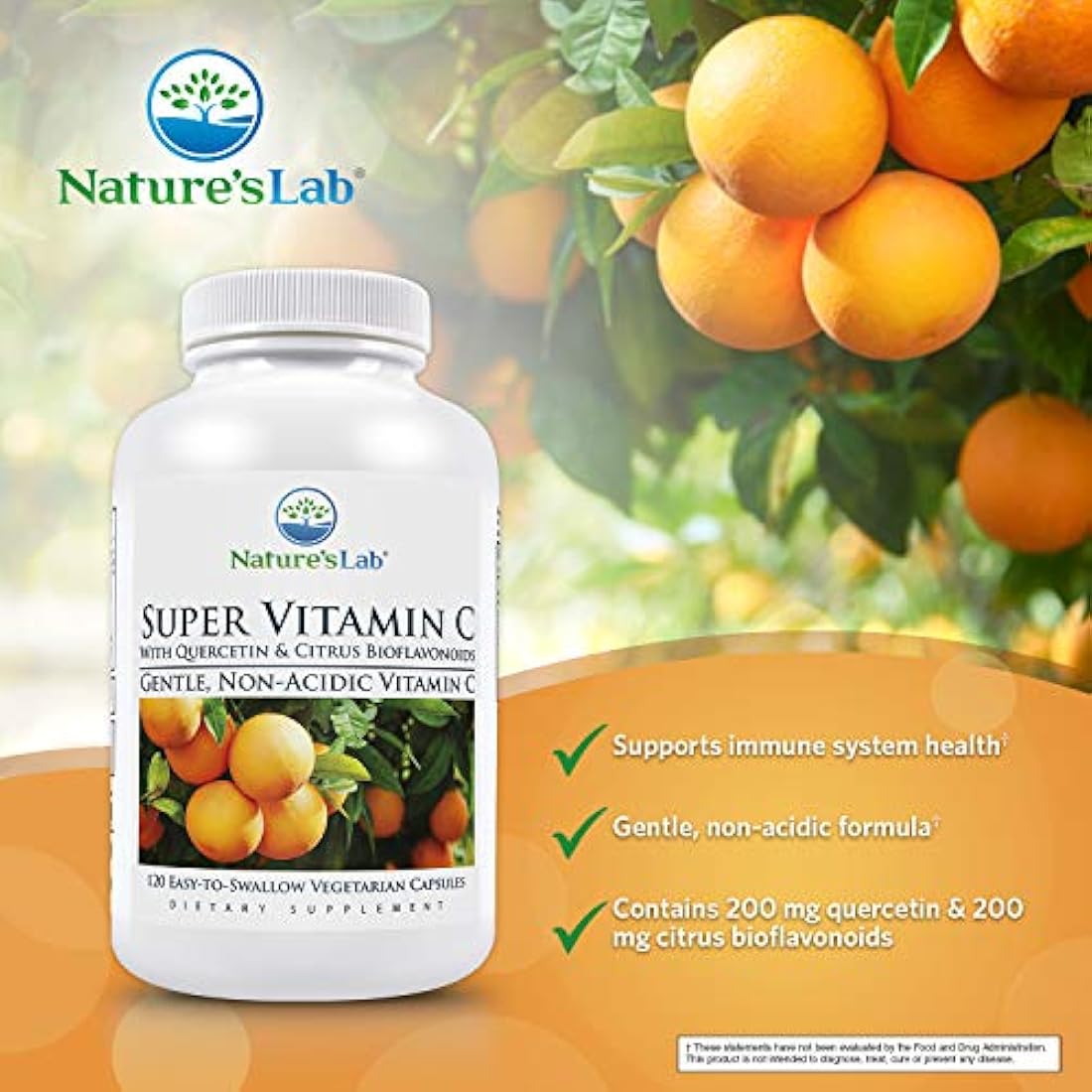 Nature's Lab Super Vitamin C - 1000mg as Calcium Ascorbate - 120 Count (60 Day Supply) Gentle, Non Acidic 200mg Quercetin and 200mg Citrus Bioflavonoids Non GMO, Gluten Free, Lab Tested Made in The US