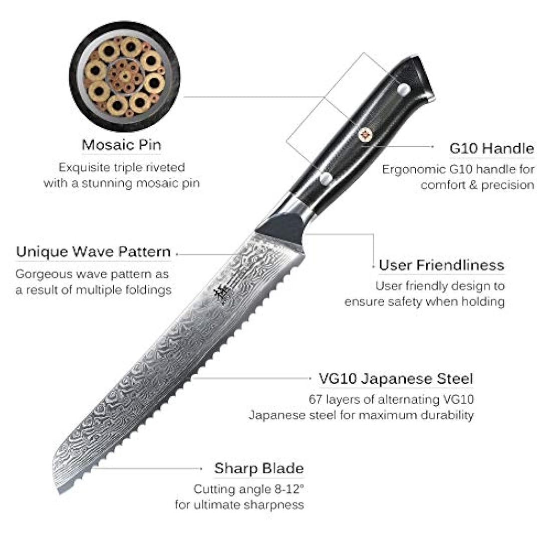 KYOKU Daimyo Series – Cuchillo de pan de Damasco con hoja