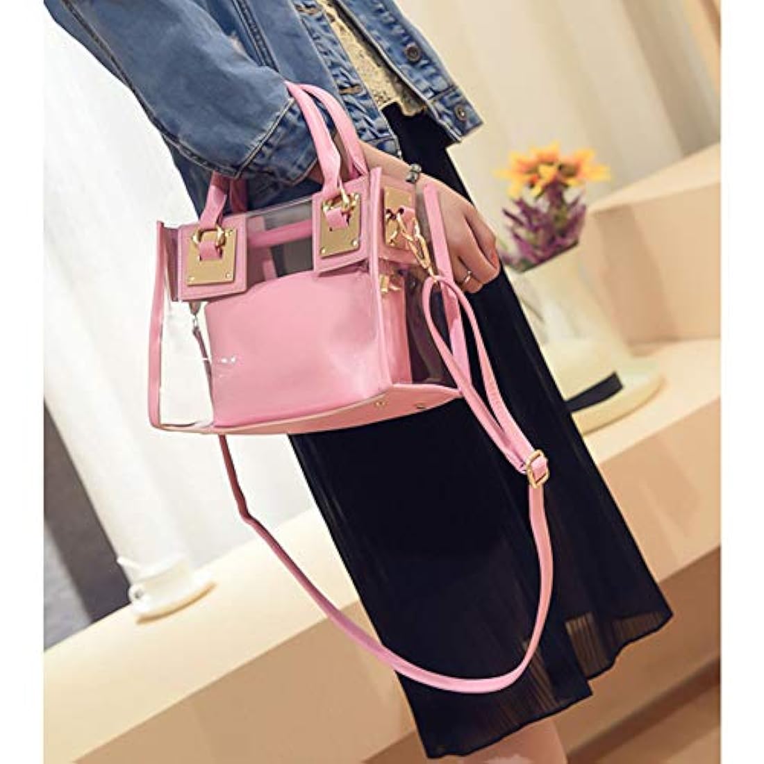 Bolso de hombro de PVC transparente y rosa, 2 piezas, COOBA