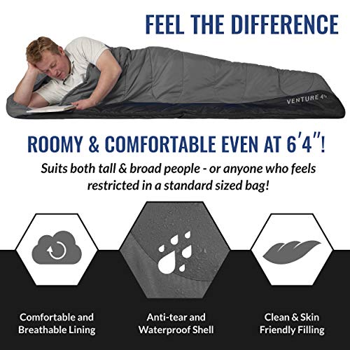 VENTURE 4TH - Saco de dormir para mochilero, ligero, cálido, pero también para tiempo frío, para adultos, niños o parejas, ideal para senderismo, camping o aventuras al aire libre, individual, XXL o doble