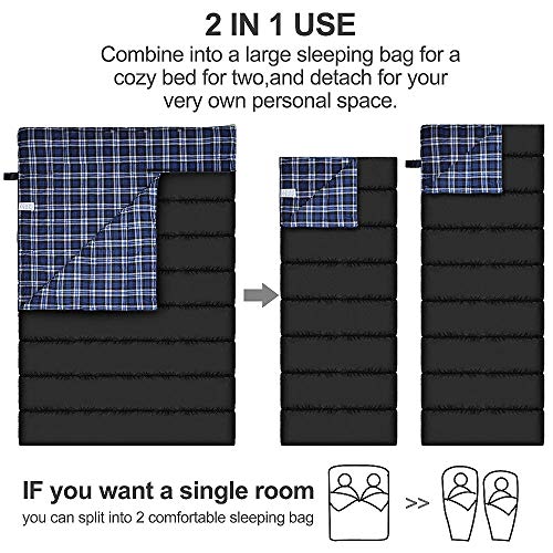 Saco de dormir doble de franela de algodón para camping, mochileros o senderismo. Saco de dormir impermeable para 2 personas para adultos o adolescentes. Camión, tienda de campaña o almohadilla de dormir, ligero (almohadas no incluidas)