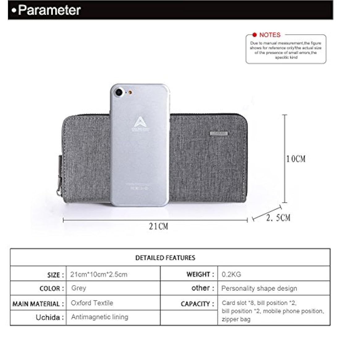 Cartera para hombre impermeable de lona con cremallera