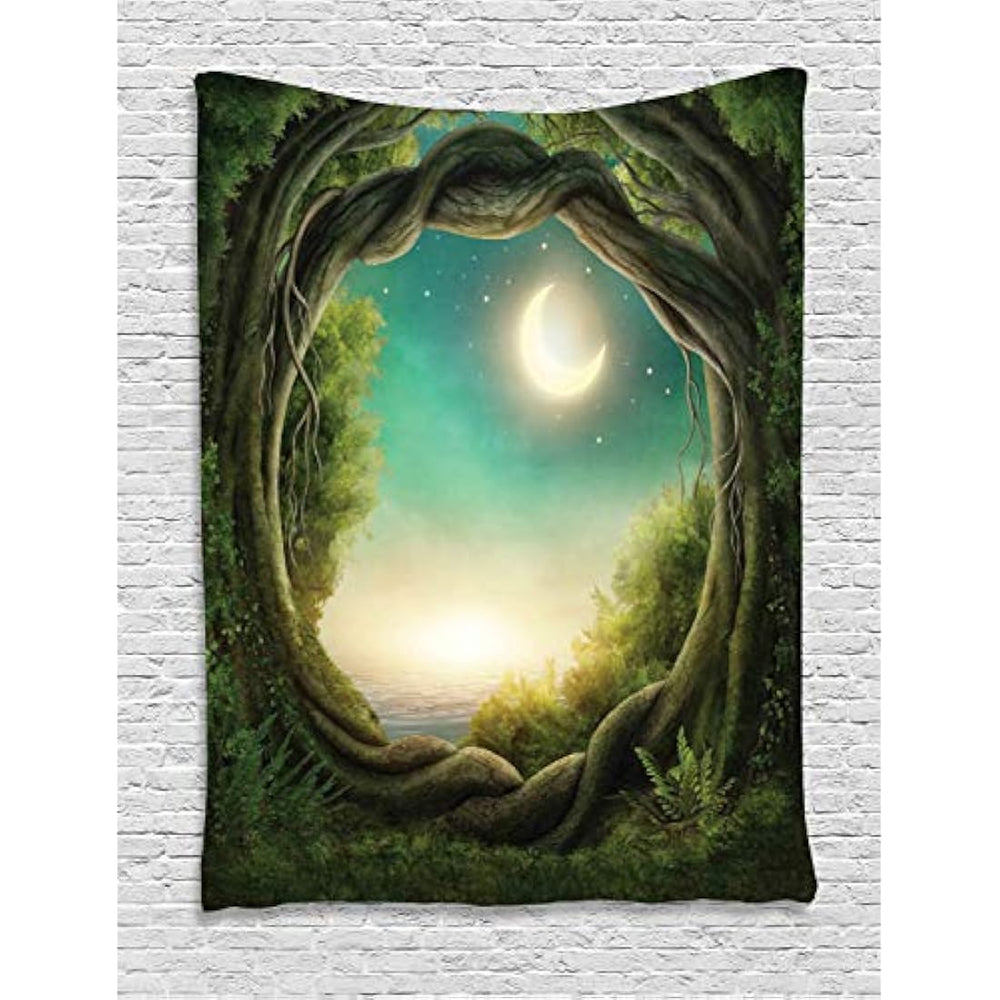 Tapiz de árboles en el bosque encantado Obra de arte de luna