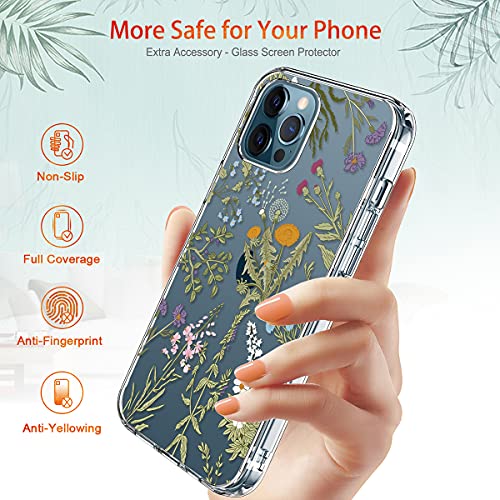 GiiKa Funda para iPhone 12 Pro Max con protector de pantalla, transparente de cuerpo completo a prueba de golpes de protección floral niñas mujeres caso duro con TPU parachoques cubierta teléfono caso para iPhone 12 Pro Max, flores verdes
