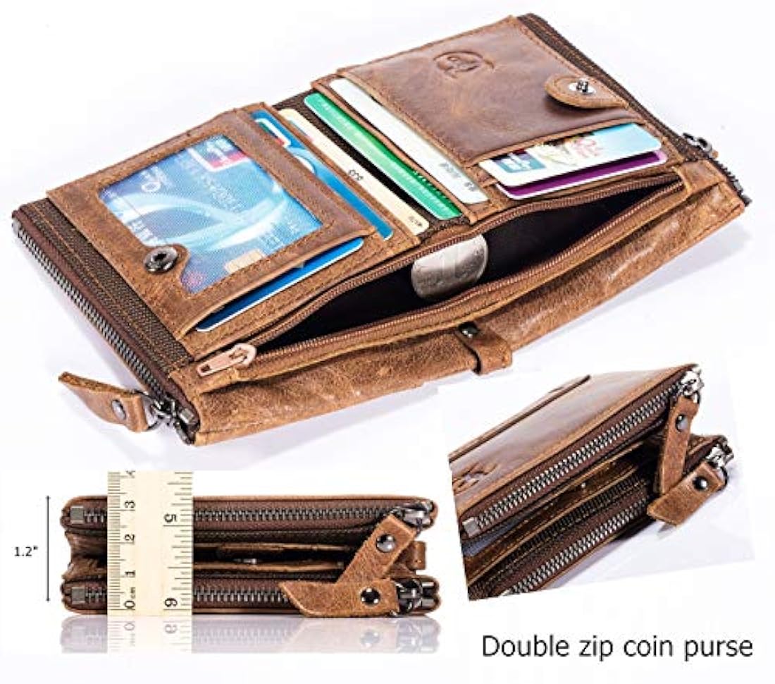 bullcaptain Funda de piel tipo portafolios para hombres Bifold clásico con doble cierre bolsillos